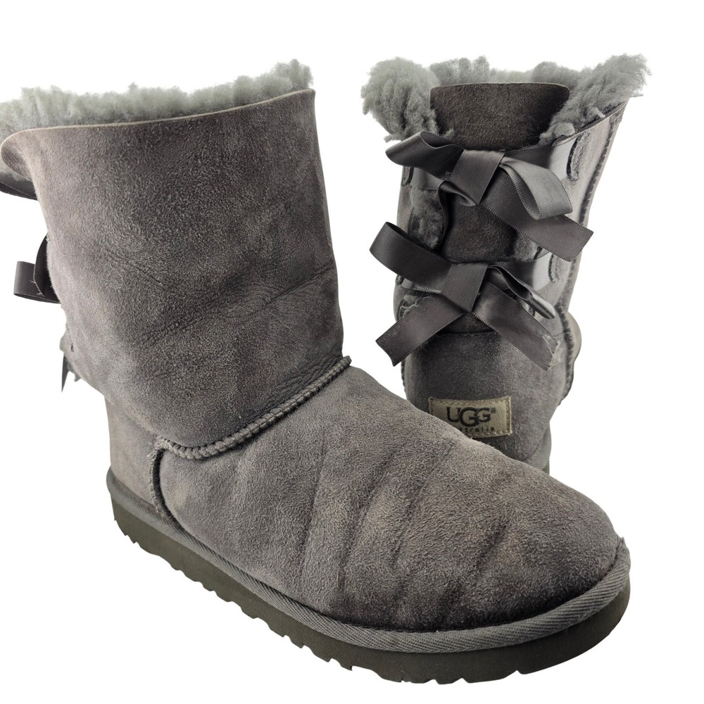 UGG Bailey Bow II Boots Women Grey Good Suede Shearling Lined Ribbon Bows